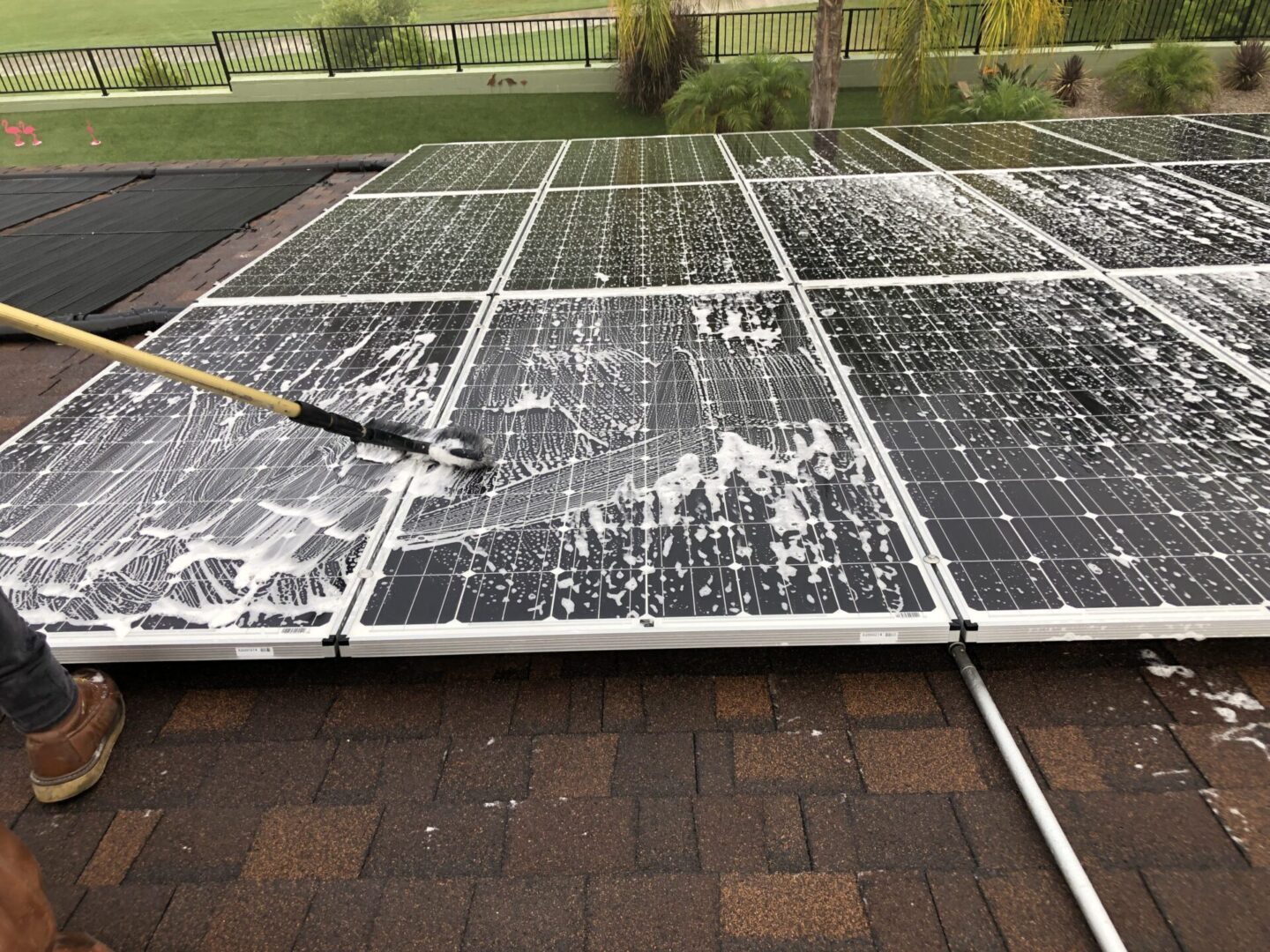 A person cleaning solar panels