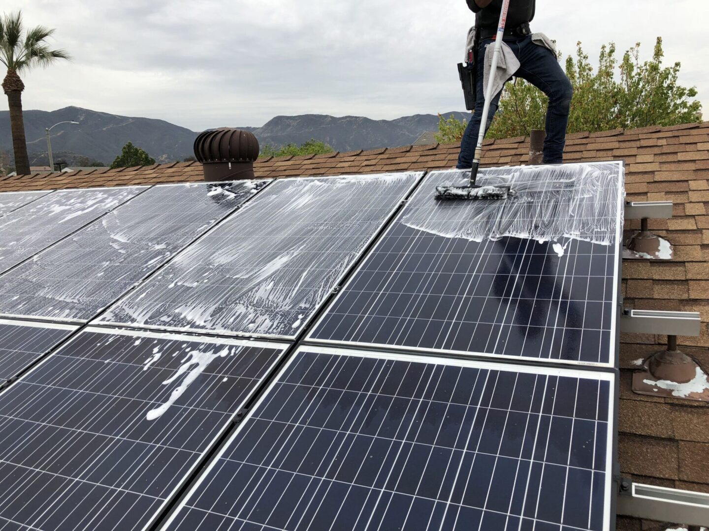 A person mopping solar panels